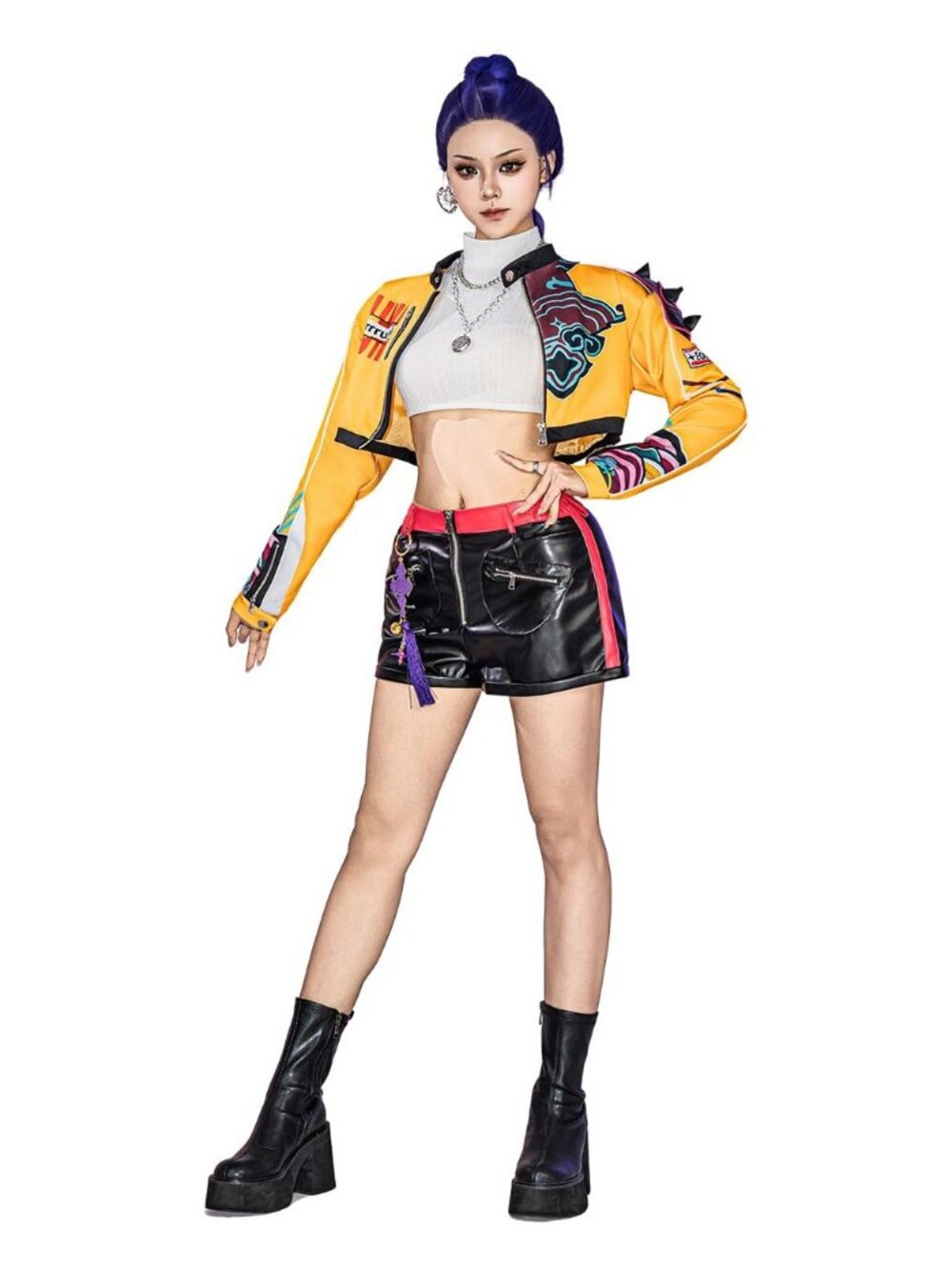 OSIAS Rumi Cosplay Costume Leather Stretch Shorts Padded Shoulder Jacket Large